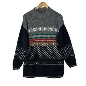 Vintage LizWear Multicolor Fair Isle Sweater  1/4 Zip Pullover 80s Womens Large‎